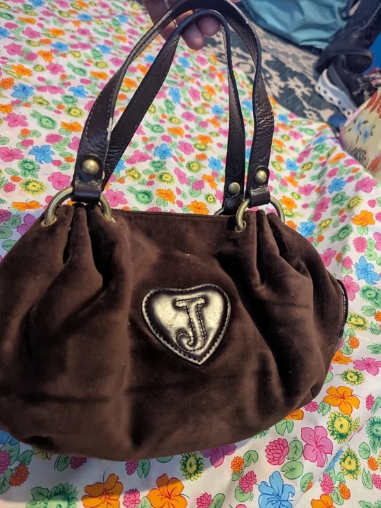 Juicy Couture Brown Velvet Shoulder Bag with Pink Embroidered Logo - Picture 2 of 8